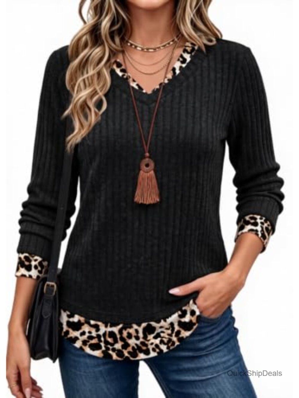 Womens Long Sleeve Tunic Sweater Lightweight Faux Layered Top